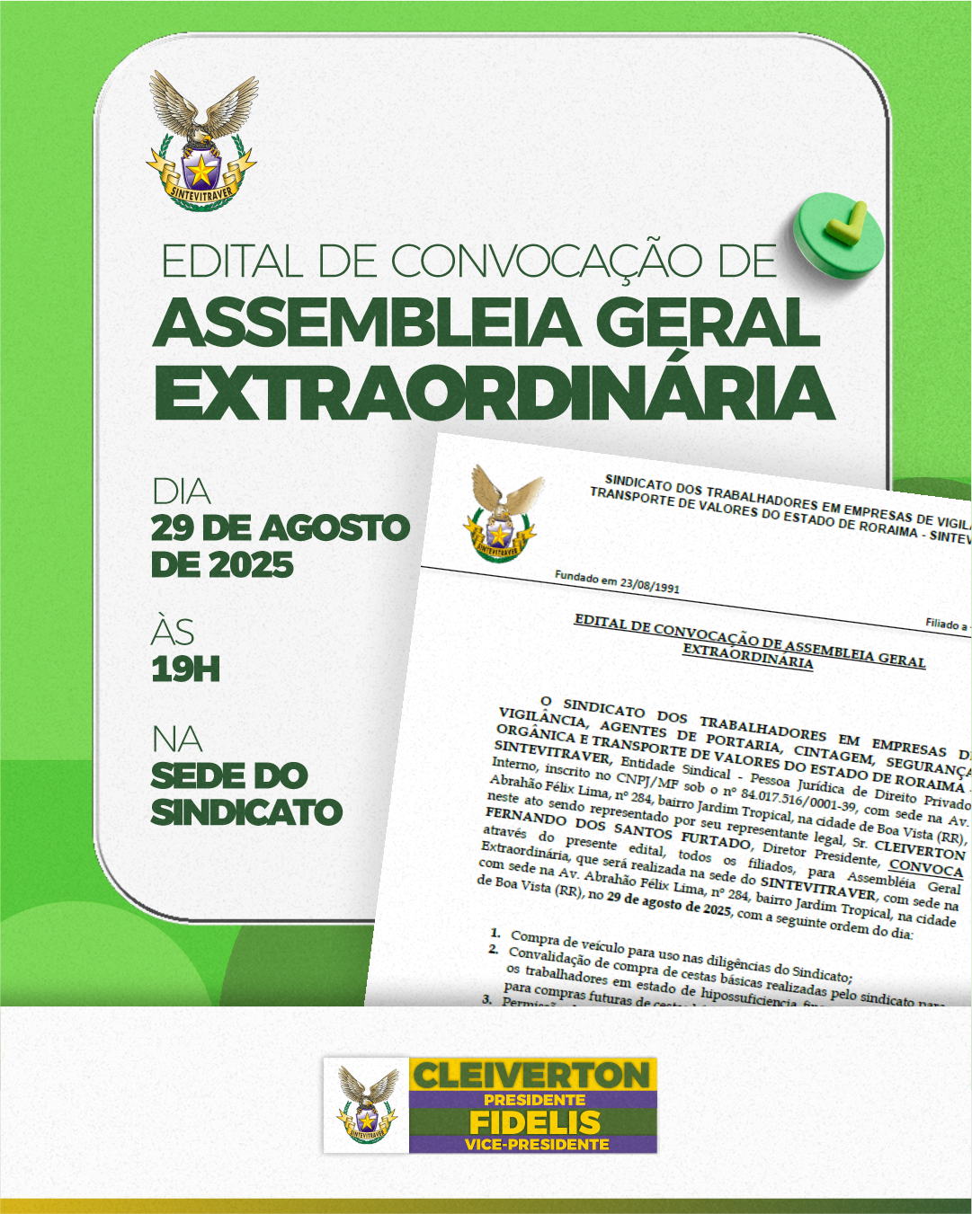 SINTEVITRAVER convoca Assembleia Geral Extraordinária para o dia 29 de agosto
