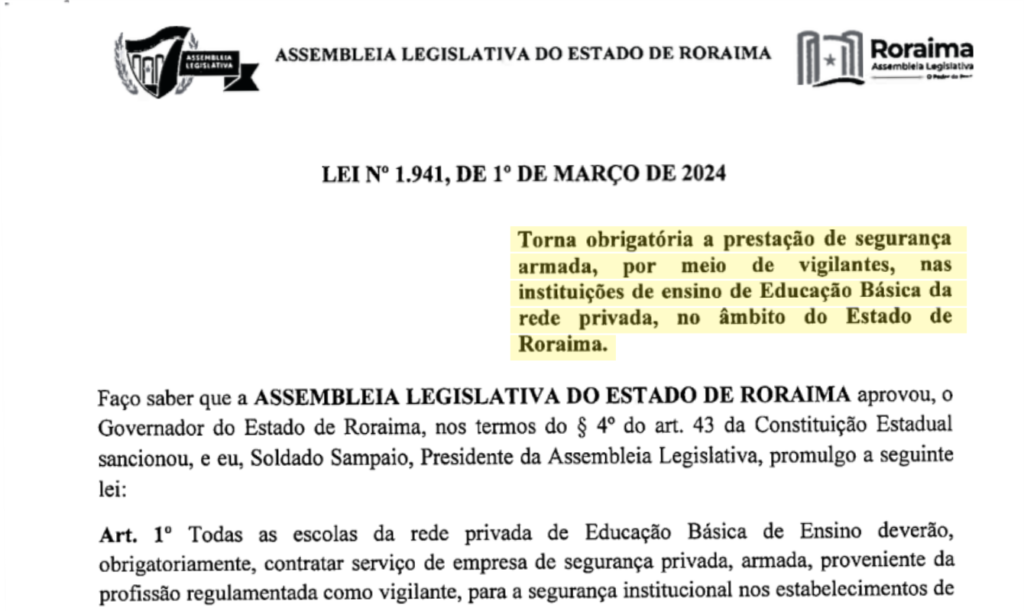 Sindicato relembra conquista da segurança armada nas escolas privadas de Roraima