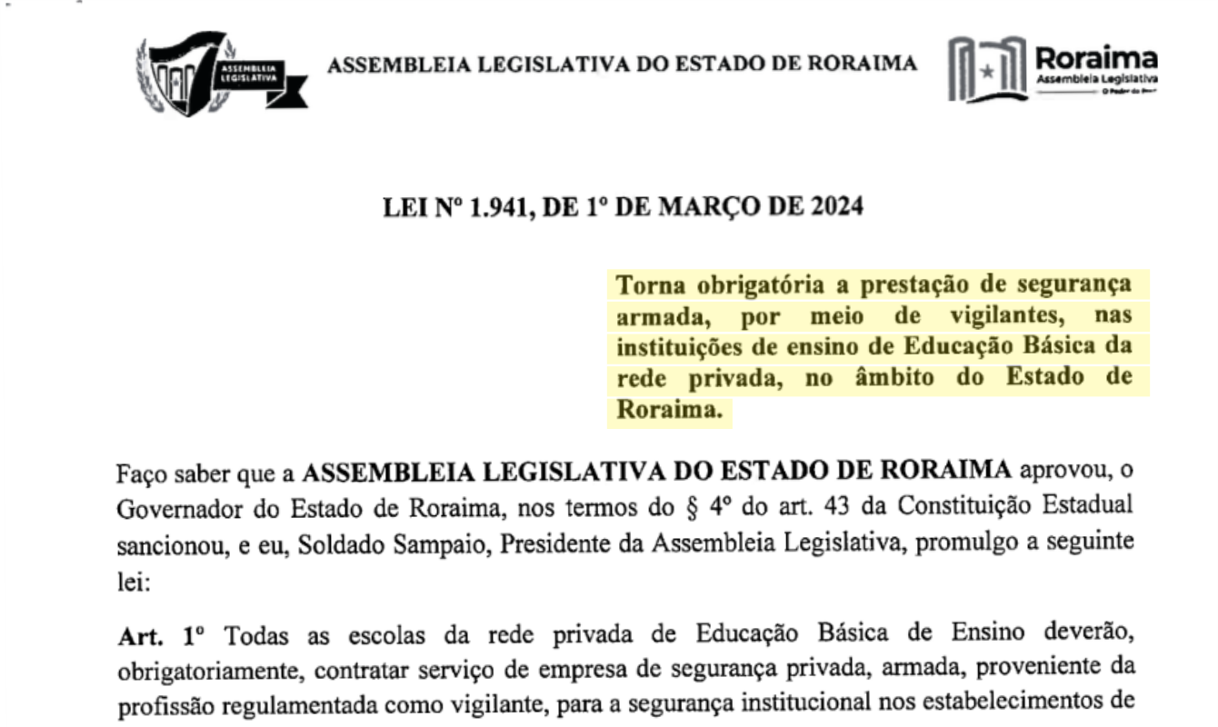 Sindicato relembra conquista da segurança armada nas escolas privadas de Roraima
